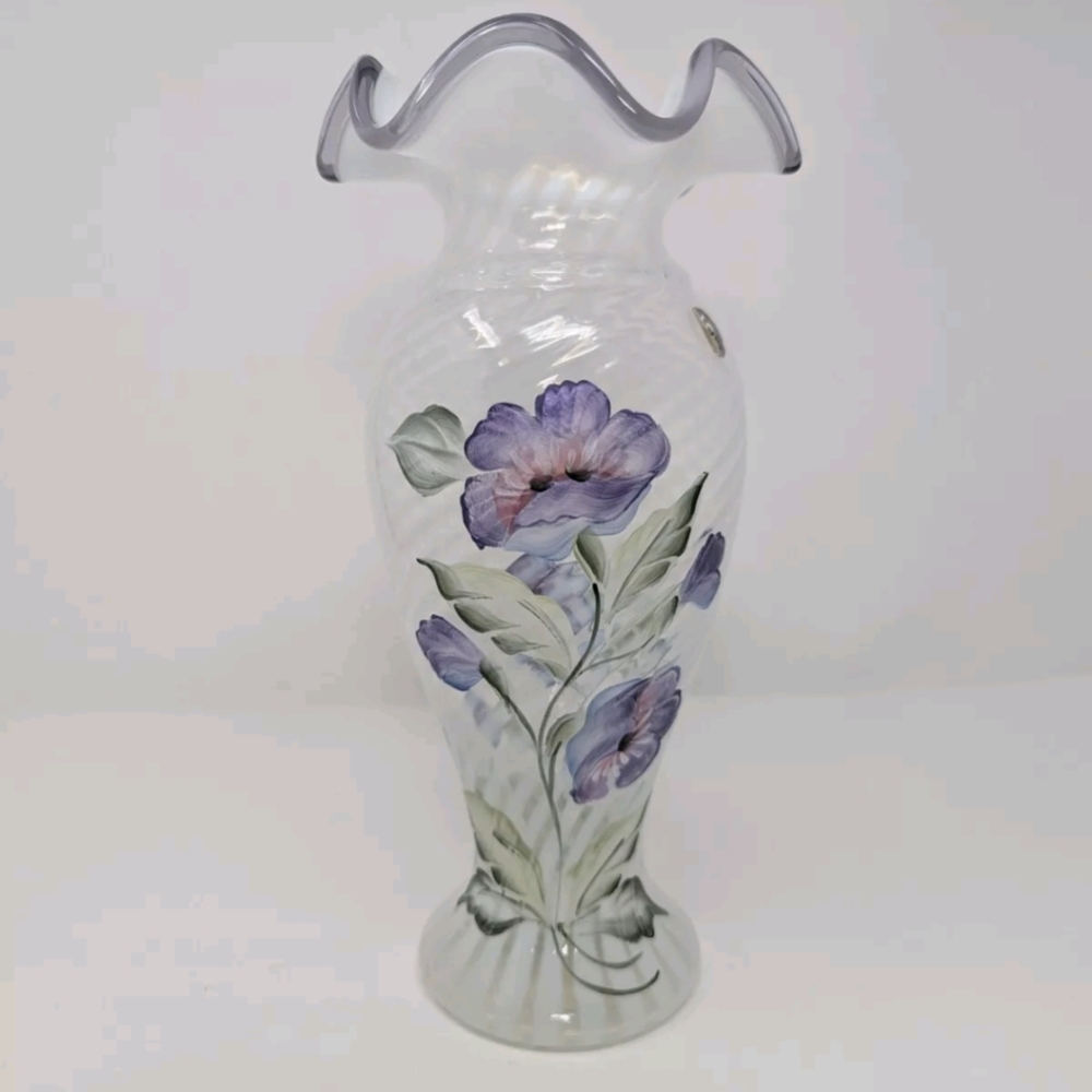 Fenton Vase Opalescent Swirl Purple Flower Hand Painted Vase